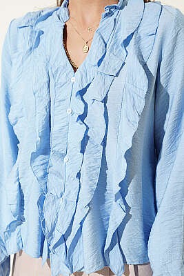 Önü Fırfırlı Uzun Kol Bluz Bebe Mavi - Kadın Giyim Modelleri