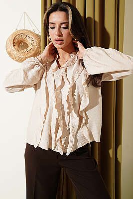 Önü Fırfırlı Uzun Kol Bluz Bej - HELLIE