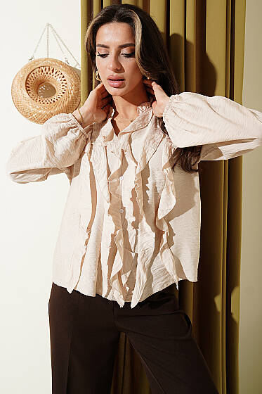 Önü Fırfırlı Uzun Kol Bluz Bej - Kadın Giyim Modelleri