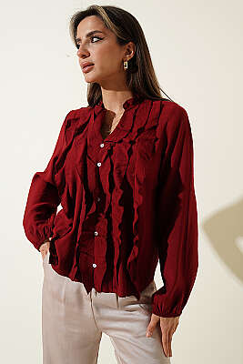 Önü Fırfırlı Uzun Kol Bluz Bordo - HELLIE