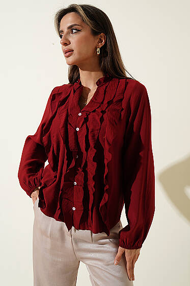 Önü Fırfırlı Uzun Kol Bluz Bordo - Kadın Giyim Modelleri