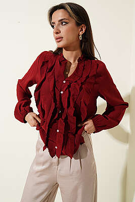 Önü Fırfırlı Uzun Kol Bluz Bordo - Kadın Giyim Modelleri