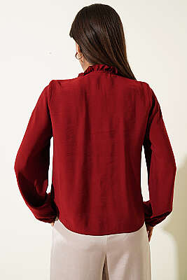 Önü Fırfırlı Uzun Kol Bluz Bordo - Kadın Giyim Modelleri