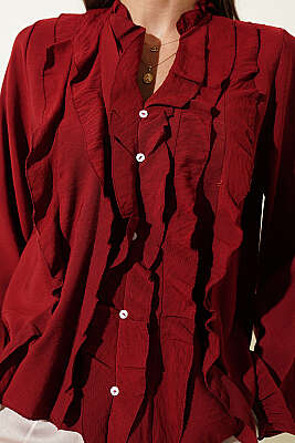 Önü Fırfırlı Uzun Kol Bluz Bordo - Kadın Giyim Modelleri