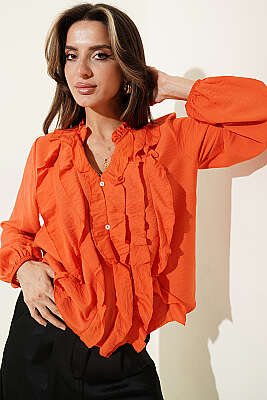 Önü Fırfırlı Uzun Kol Bluz Oranj - Kadın Giyim Modelleri