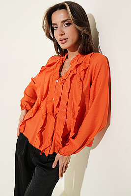 Önü Fırfırlı Uzun Kol Bluz Oranj - Kadın Giyim Modelleri