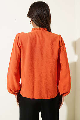 Önü Fırfırlı Uzun Kol Bluz Oranj - Kadın Giyim Modelleri