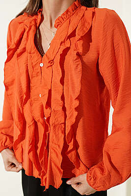 Önü Fırfırlı Uzun Kol Bluz Oranj - Kadın Giyim Modelleri