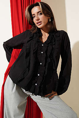 Önü Fırfırlı Uzun Kol Bluz Siyah 