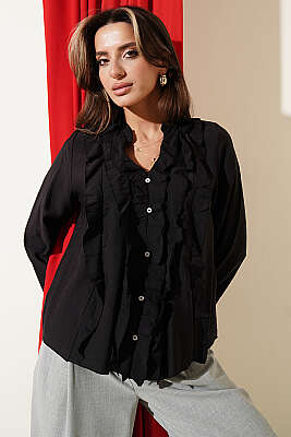 Önü Fırfırlı Uzun Kol Bluz Siyah - Kadın Giyim Modelleri