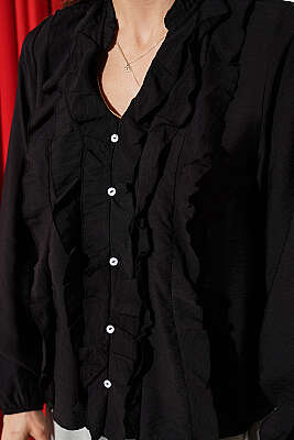 Önü Fırfırlı Uzun Kol Bluz Siyah - Kadın Giyim Modelleri