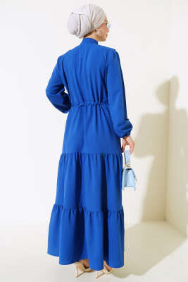 Önü Fırfırlı Yarım Düğmeli Elbise Saks - Elbise