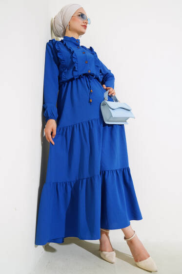 Önü Fırfırlı Yarım Düğmeli Elbise Saks - Elbise