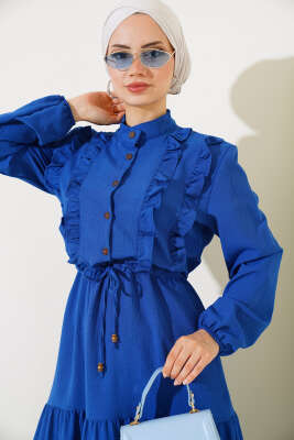 Önü Fırfırlı Yarım Düğmeli Elbise Saks - Elbise