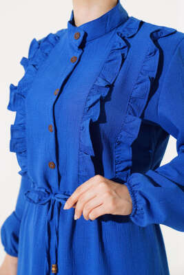 Önü Fırfırlı Yarım Düğmeli Elbise Saks - Elbise