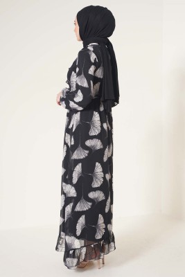 Önü Fırfırlı Yelpaze Desenli Siyah Şifon Elbise - Thumbnail