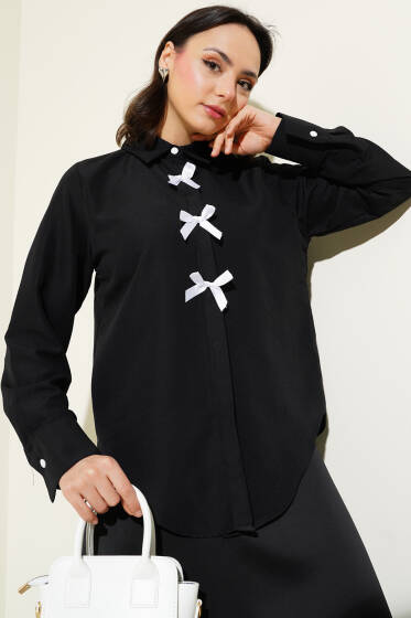 Önü Fiyonk Detaylı Kısa Gömlek Siyah - Gömlek