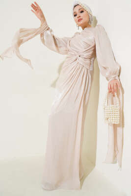 Önü Fiyonklu Abiye Elbise Bej - DUMAN(DMN)