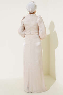 Önü Fiyonklu Abiye Elbise Bej - Tesettür Elbise