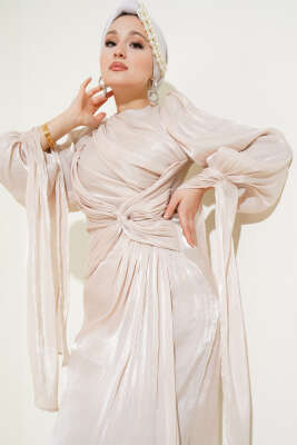 Önü Fiyonklu Abiye Elbise Bej - Tesettür Elbise