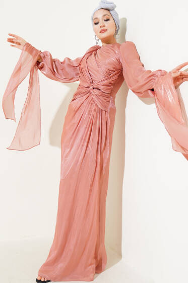 Önü Fiyonklu Abiye Elbise Gül Kurusu - Elbise