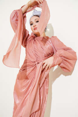 Önü Fiyonklu Abiye Elbise Gül Kurusu - Tesettür Elbise