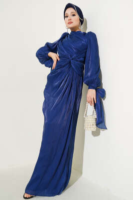 Önü Fiyonklu Abiye Elbise Lacivert - Tesettür Elbise