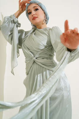 Önü Fiyonklu Abiye Elbise Mint - Tesettür Elbise