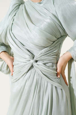 Önü Fiyonklu Abiye Elbise Mint - Tesettür Elbise