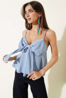 Önü Fiyonklu Askılı Bluz Saks - Kadın Giyim Modelleri