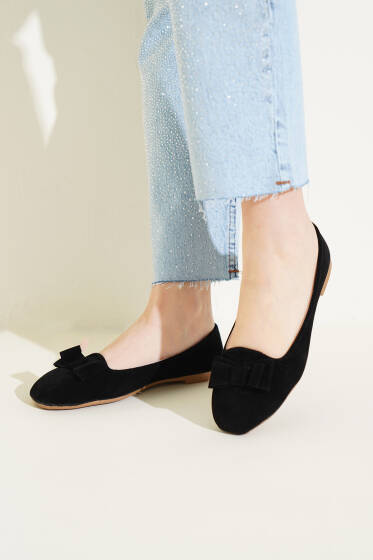 Önü Fiyonklu Babet Siyah Süet - Babet