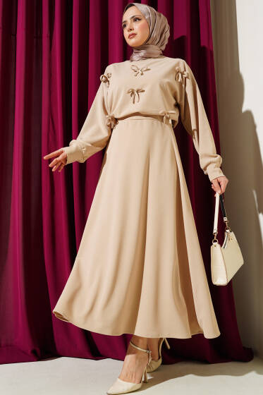 Önü Fiyonklu Etekli İkili Takım Bej - İkili Takım