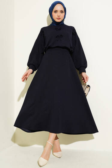 Önü Fiyonklu Etekli İkili Takım Lacivert - İkili Takım