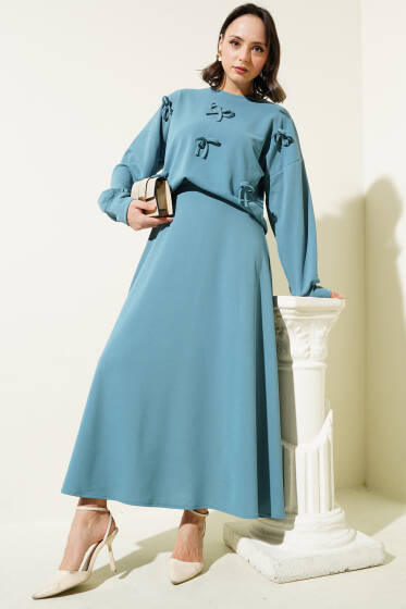 Önü Fiyonklu Etekli İkili Takım Mavi - İkili Takım