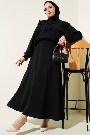 Önü Fiyonklu Etekli İkili Takım Siyah - İkili Takım