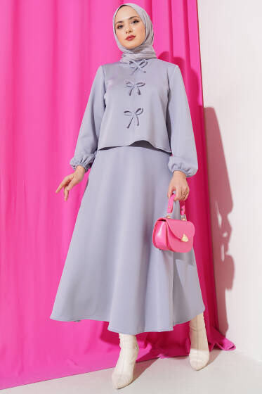 Önü Fiyonklu Etekli Scuba İkili Takım Gri - İkili Takım