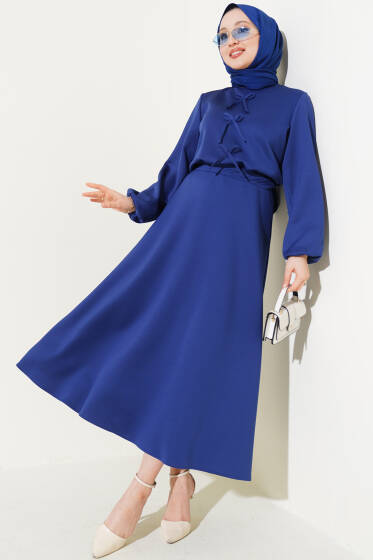 Önü Fiyonklu Etekli Scuba İkili Takım Lacivert - İkili Takım