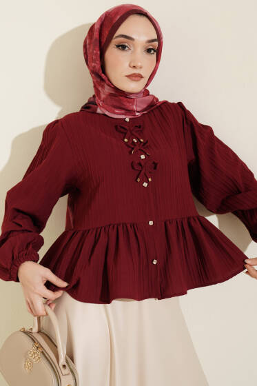 Önü Fiyonklu Fırfırlı Kısa Gömlek Bordo - 300-500 TL Ürünler