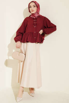 Önü Fiyonklu Fırfırlı Kısa Gömlek Bordo - Gömlek