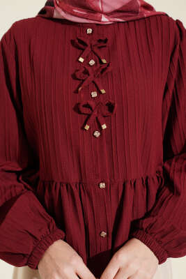 Önü Fiyonklu Fırfırlı Kısa Gömlek Bordo - Gömlek