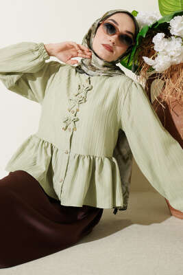 Önü Fiyonklu Fırfırlı Kısa Gömlek Çağla Yeşili - TABLO FASHİON