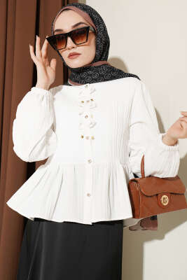 Önü Fiyonklu Fırfırlı Kısa Gömlek Ekru - TABLO FASHİON