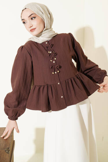 Önü Fiyonklu Fırfırlı Kısa Gömlek Kahve - Gömlek
