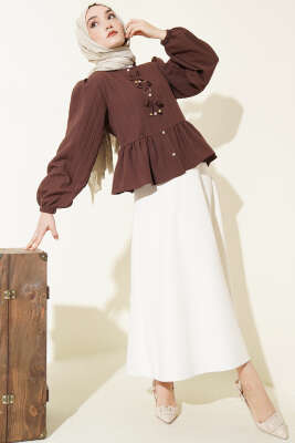 Önü Fiyonklu Fırfırlı Kısa Gömlek Kahve - Gömlek