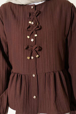 Önü Fiyonklu Fırfırlı Kısa Gömlek Kahve - Gömlek