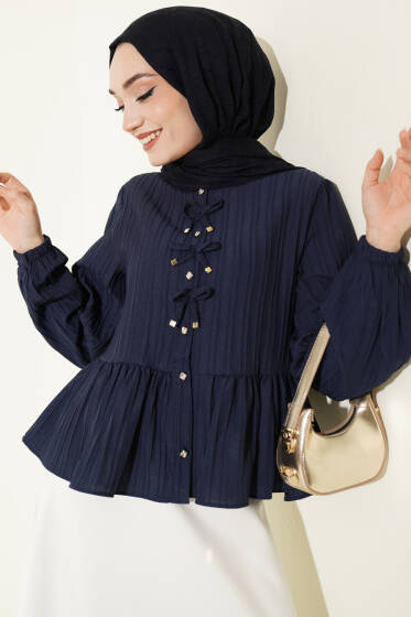 Önü Fiyonklu Fırfırlı Kısa Gömlek Lacivert - Gömlek