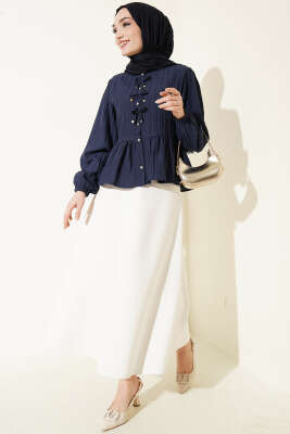 Önü Fiyonklu Fırfırlı Kısa Gömlek Lacivert - Gömlek