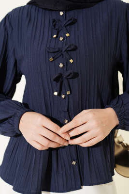 Önü Fiyonklu Fırfırlı Kısa Gömlek Lacivert - Gömlek