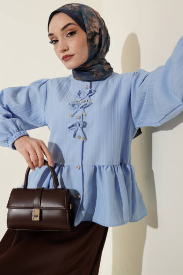 Önü Fiyonklu Fırfırlı Kısa Gömlek Mavi - Gömlek
