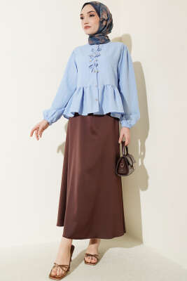 Önü Fiyonklu Fırfırlı Kısa Gömlek Mavi - Gömlek